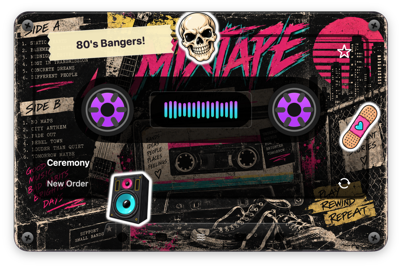 80’s Bangers personal mixtape with a named tape label, grunge artwork, skull, speaker and Band-Aid stickers
