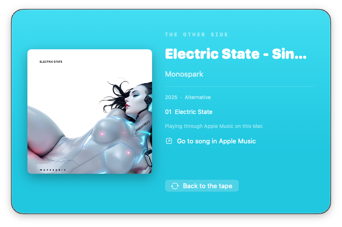The back of Cassette Thang showing Electric State by Monospark, album artwork and a link to Apple Music