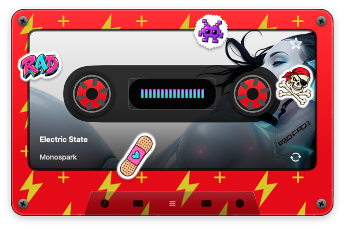Cassette Thang with a red lightning-pattern shell, RAD and pirate stickers, album artwork and a glowing center visualizer